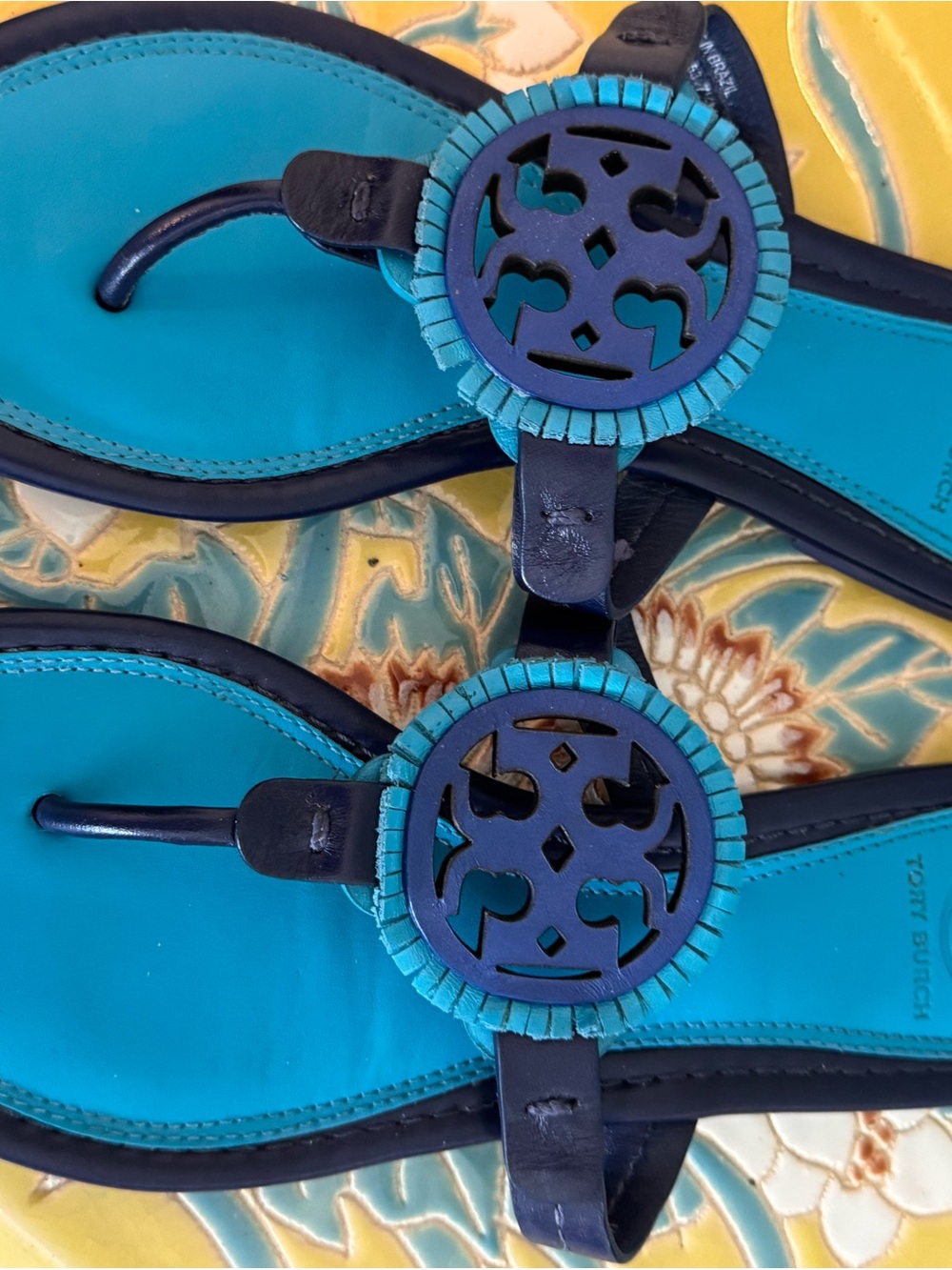 Tory Burch Turquoise and Navy Miller Thong Sandals